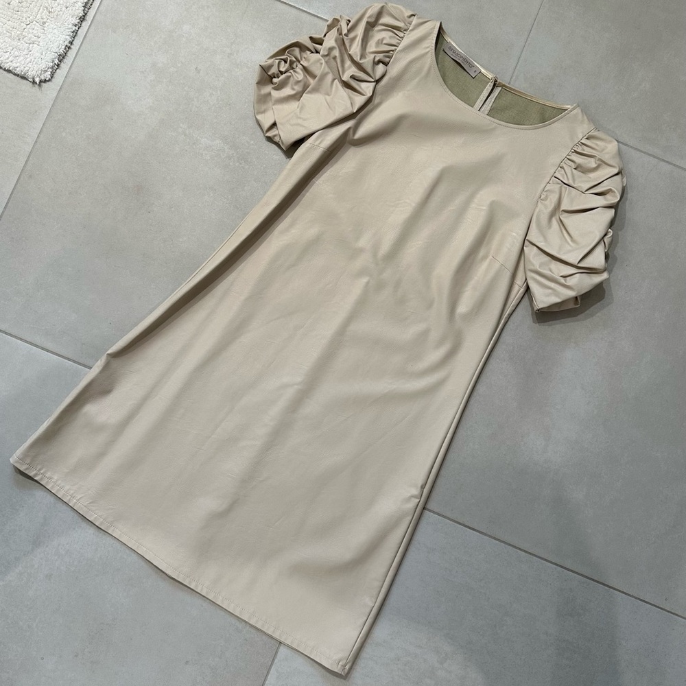 Faux leather Elegant Beige Puff Sleeve Dress